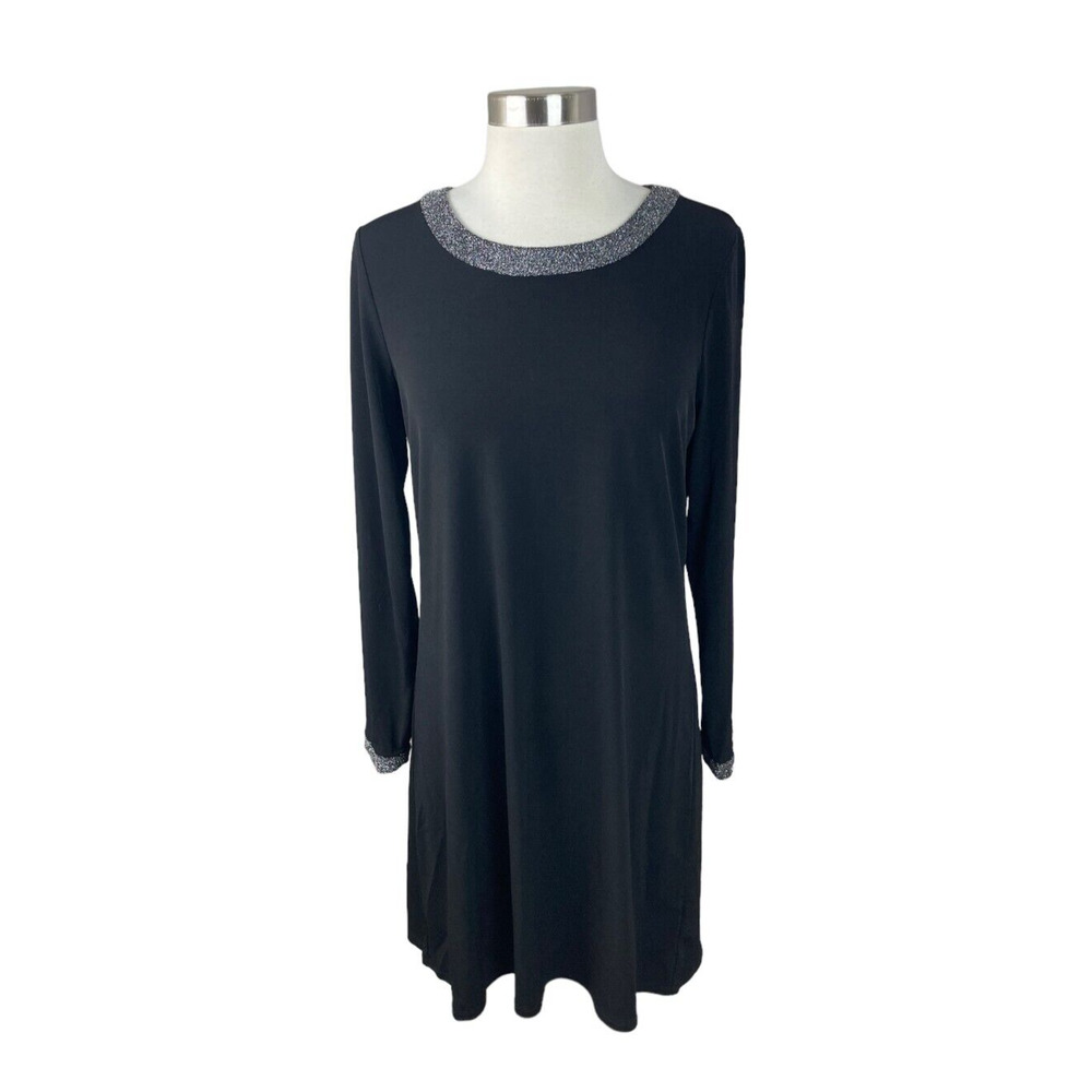 Michael Kors NEW Black Silver Neckline Cuffs Long Sleeve Sheath Dress Size Med